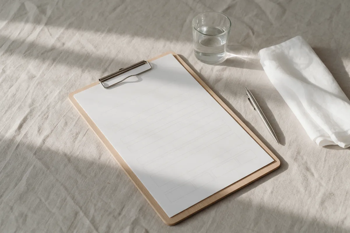 A clipboard with a blank form, a pen, a glass of water and a linen napkin on a linen tablecloth