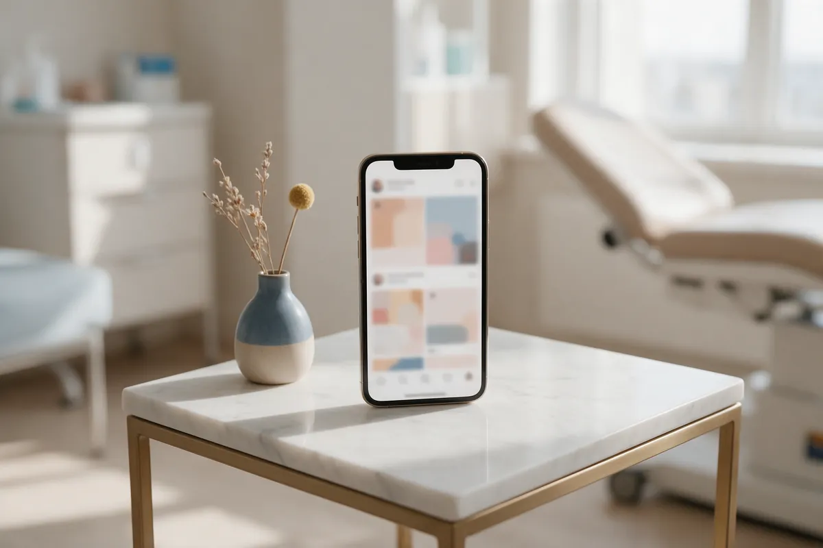 A mobile phone showing a social media feed on a marble table in a clinic