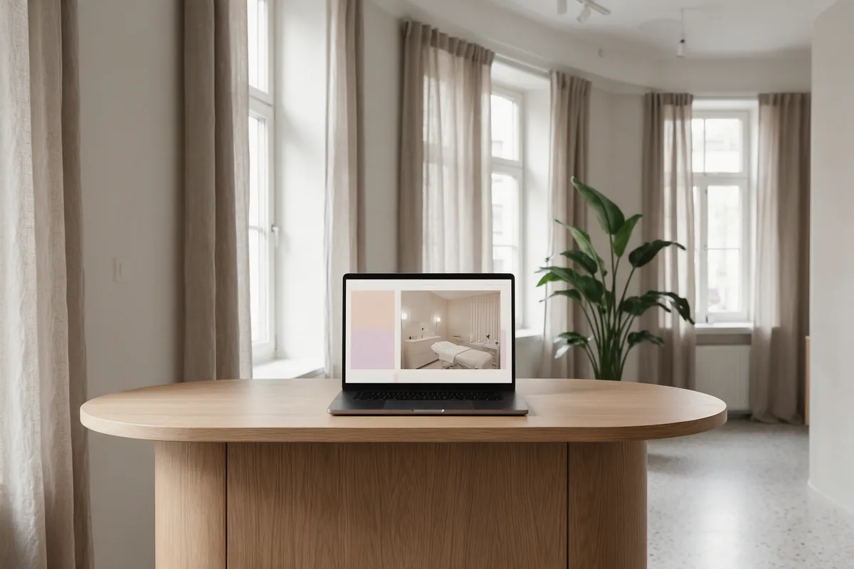 A pale oak reception desk with an open laptop showing a clinic website, in a room with linen curtains and a large plant