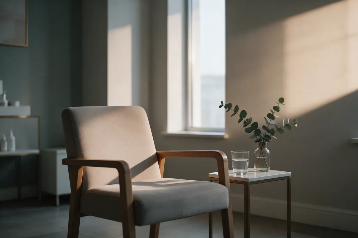 An empty armchair by a window in a clinic waiting area, a glass of water and a sprig of eucalyptus on the side table