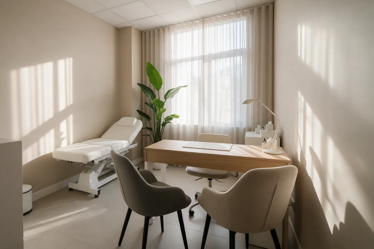 An empty consultation room in daylight, with 2 chairs facing a wooden desk, a treatment bed and a tall plant by the window