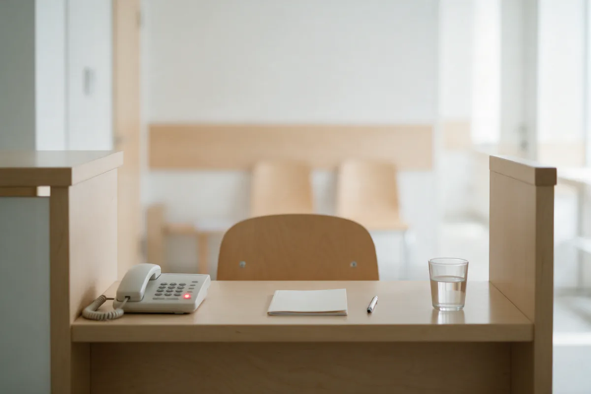 An empty clinic reception desk in daylight, the chair tucked in, a corded desk phone with a small red light, a closed notebook, a pen and a glass of water