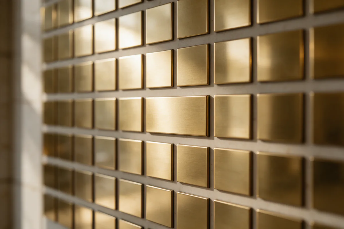 A wall of identical blank brass name plates in warm afternoon light, one wider plate in sharp focus in the middle and the rest softly blurred