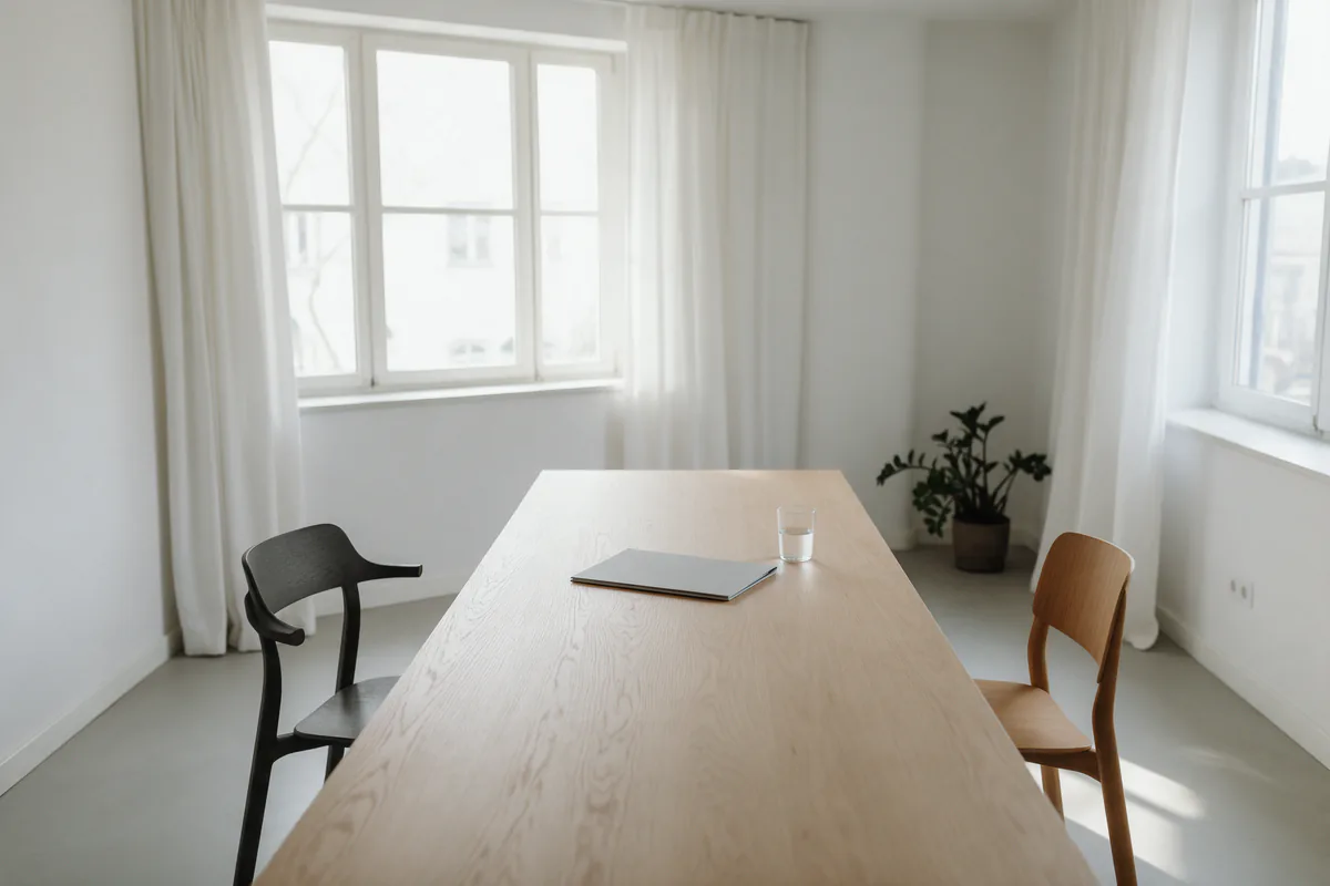 Ett tomt mötesrum i dagsljus med ett långt bord i ljus ek, 2 stolar mitt emot varandra, en stängd grå mapp och ett glas vatten på bordet