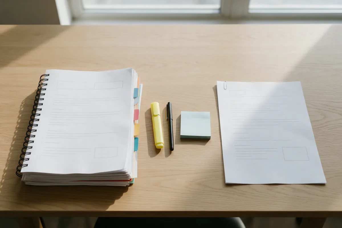 Två utskrivna förslag på ett ljust träbord sett uppifrån, ett tjockt spiralbundet dokument med färgade flikar till vänster och ett enda papper med gem till höger, med en överstrykningspenna, en penna och lappar mellan dem