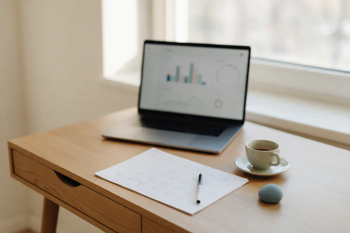 A wooden desk in daylight with a laptop showing a report with bar charts, a paper calendar and a pen