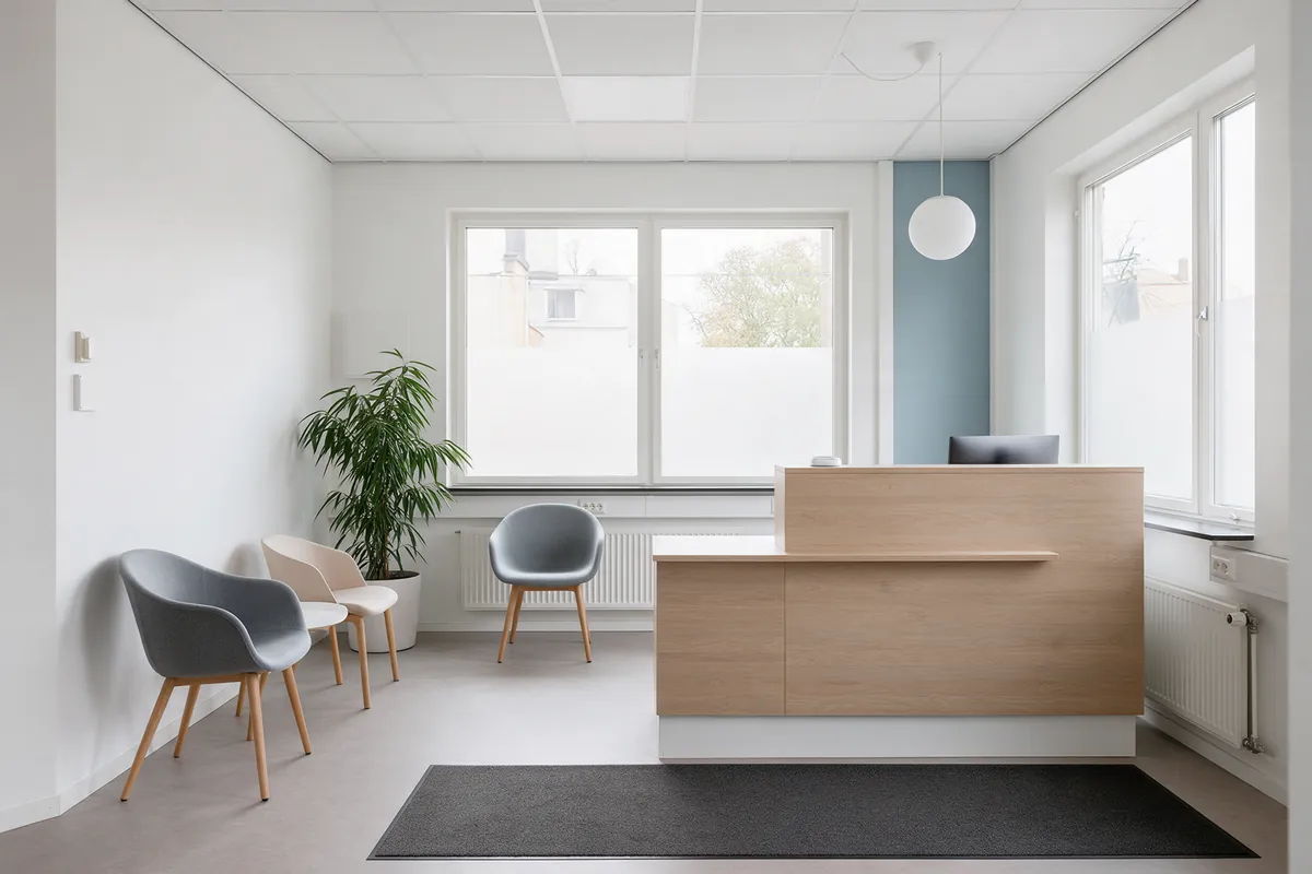 An empty, bright dental clinic reception with waiting room chairs and a plant
