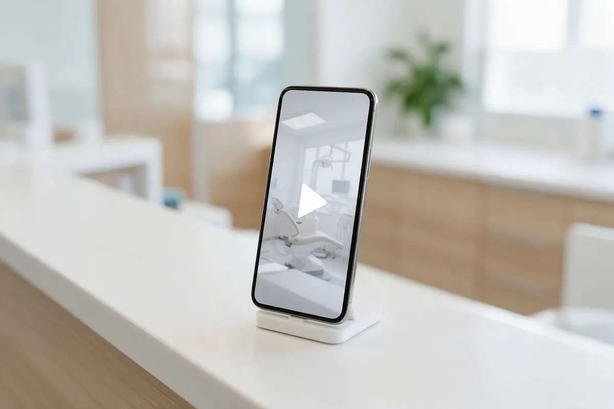 Mobiltelefon i ett vitt ställ på en klinikreception, skärmen visar en pausad film från ett tomt behandlingsrum