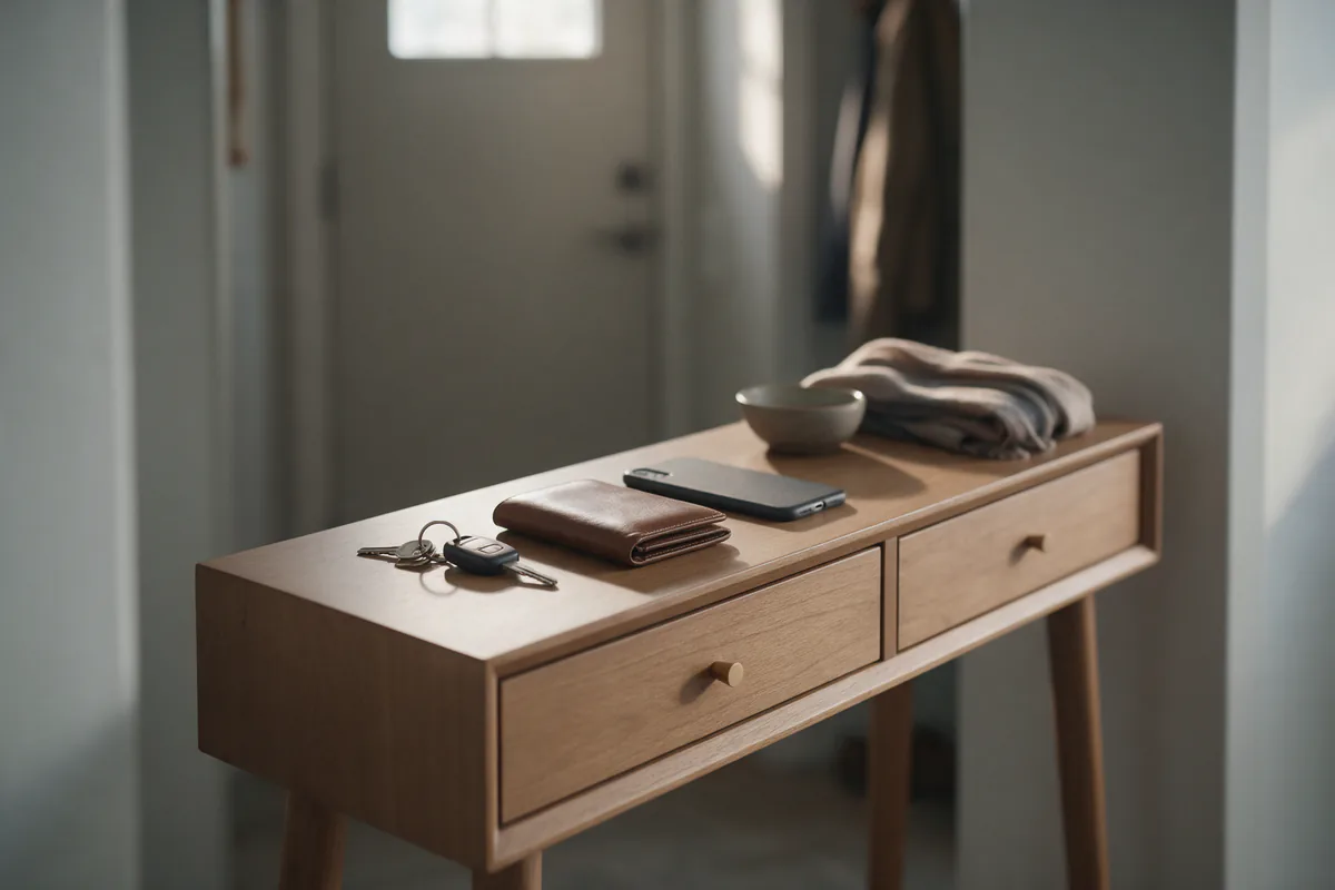 A wooden console table by a front door with car keys, a leather wallet and a phone lying face down, a ceramic bowl and a folded scarf, in morning light