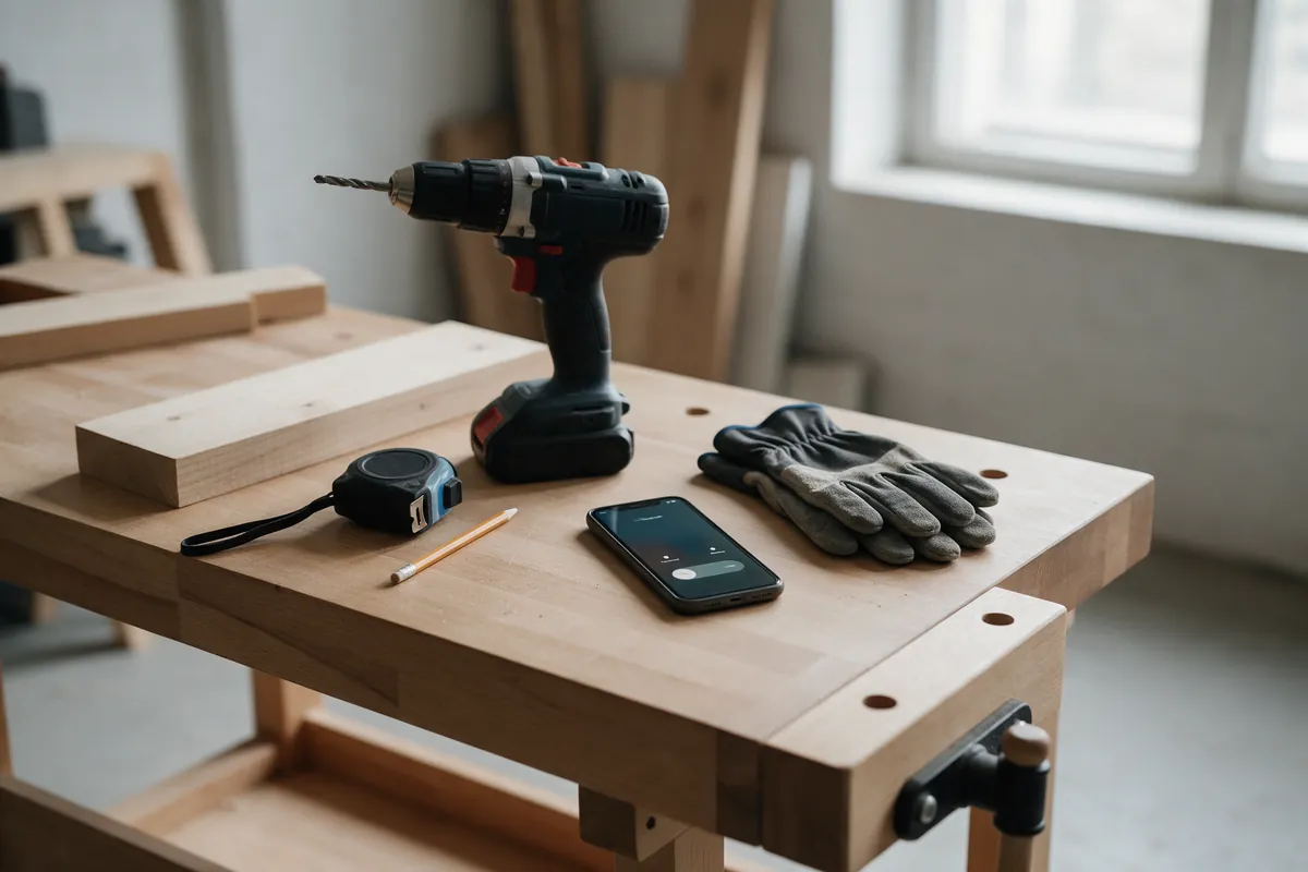 A workbench with a cordless drill, a tape measure, work gloves and a mobile phone ringing