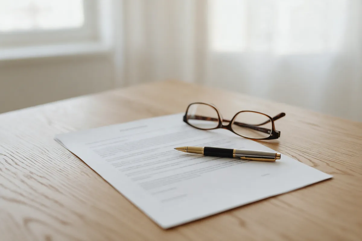 A contract on a wooden table with a pen and a pair of reading glasses