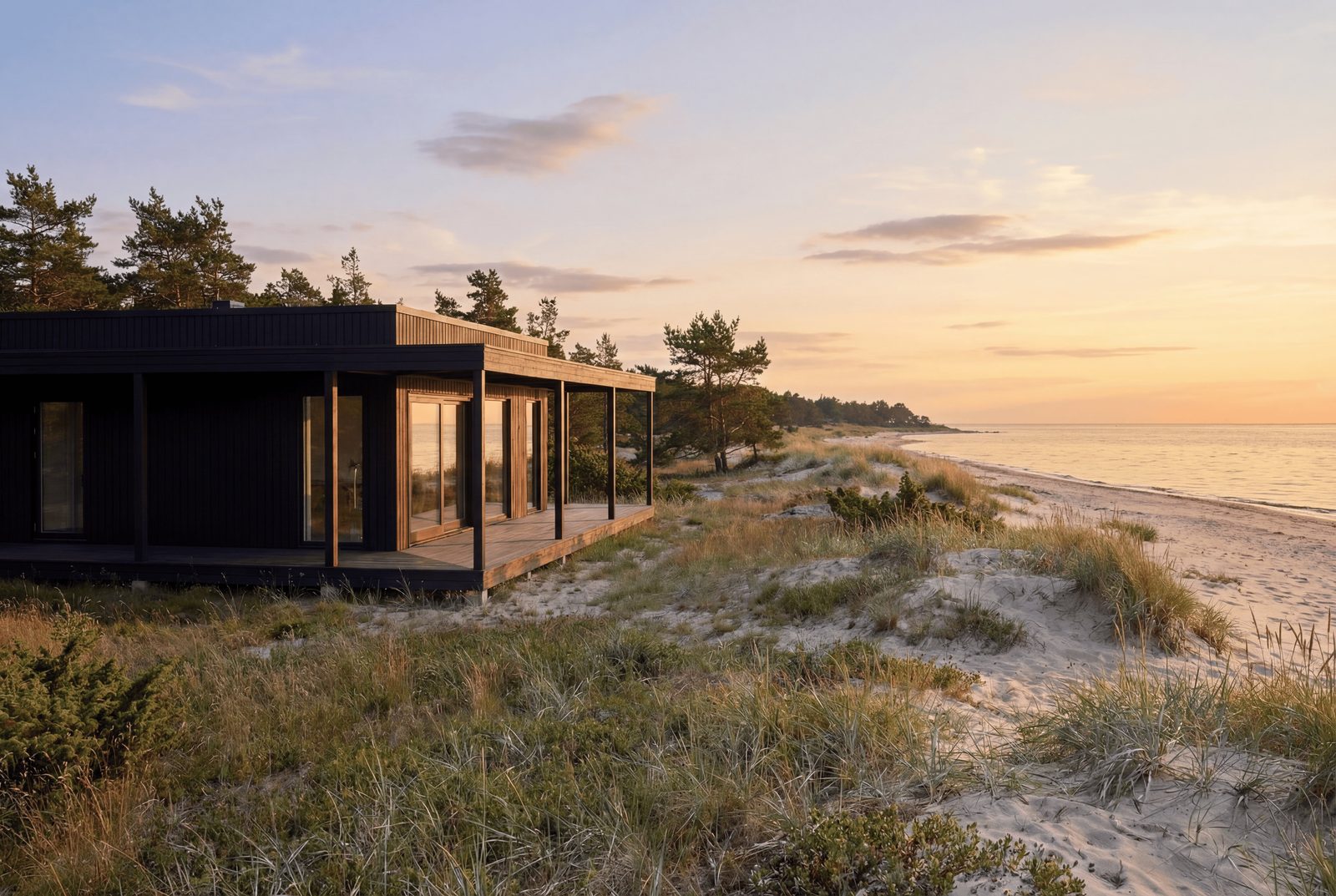Et svart trehus fra Öbo Hus på en sandstrand i solnedgang, en Leadflix-kunde innen husbygging